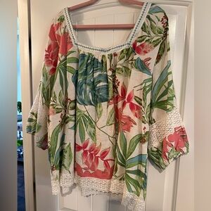 Nicole Miller Tropical Floral Blouse with Lace